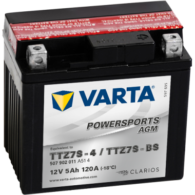 Мотоциклетный аккумулятор VARTA Powersports AGM TTZ7S-4/TTZ7S-BS 12V 5Ah 120А (113x70x105) обр. пол. 507 902 011, сухозар.