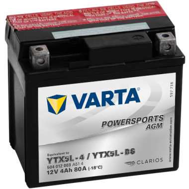 Мотоциклетный аккумулятор VARTA Powersports AGM YTX5L-4/YTX5L-BS 12V 4Ah 80А (113x70x105) обр. пол. 504 012 003, сухозар.