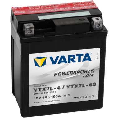 Мотоциклетный аккумулятор VARTA Powersports AGM YTX7L-BS 12V 6Ah 100А (114x71x131) обр. пол. 506 014 005, сухозар.