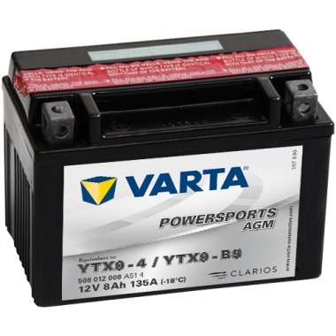 Мотоциклетный аккумулятор VARTA Powersports AGM YTX9-4/YTX9-BS 12V 8Ah 135А (152x88x106) прямая пол. 508 012 008, сухозар.