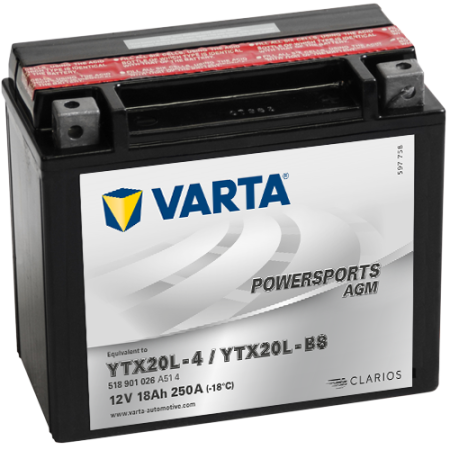 VARTA Powersports AGM YTX20L-4/YTX20L-BS 12V 18Ah 250А (177x88x156) обр. пол. 518 901 026, сухозар.