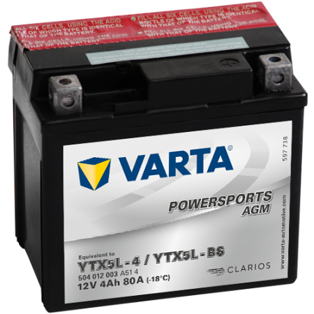 VARTA Powersports AGM YTX5L-4/YTX5L-BS 12V 4Ah 80А (113x70x105) обр. пол. 504 012 003, сухозар.