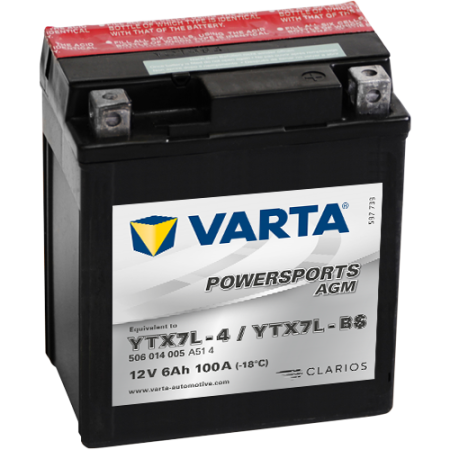 VARTA Powersports AGM YTX7L-BS 12V 6Ah 100А (114x71x131) обр. пол. 506 014 005, сухозар.